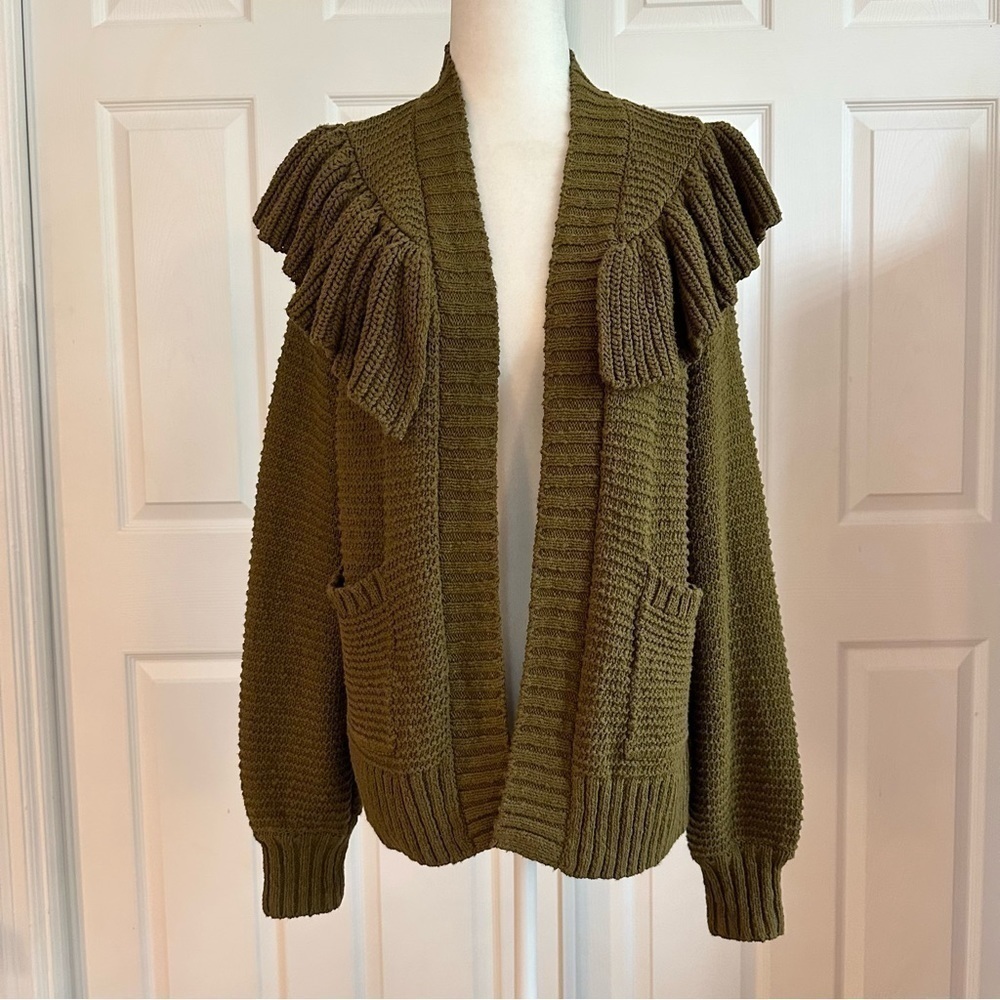 Madewell Olive Green Ruffle Chunky Knit Cardigan Sweater